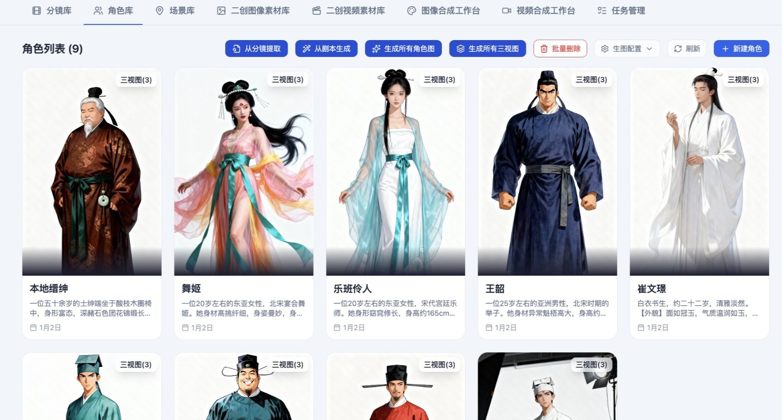 Character library showing generated period drama characters with consistent three-view reference sheets